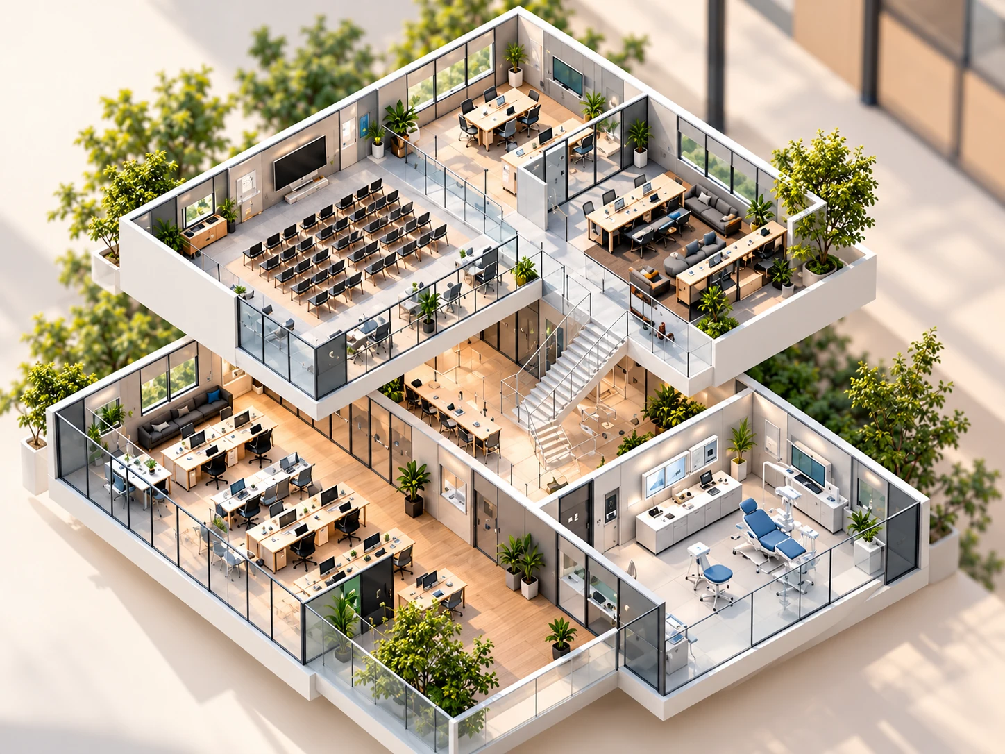 Isometric multilevel office showing configurable spaces