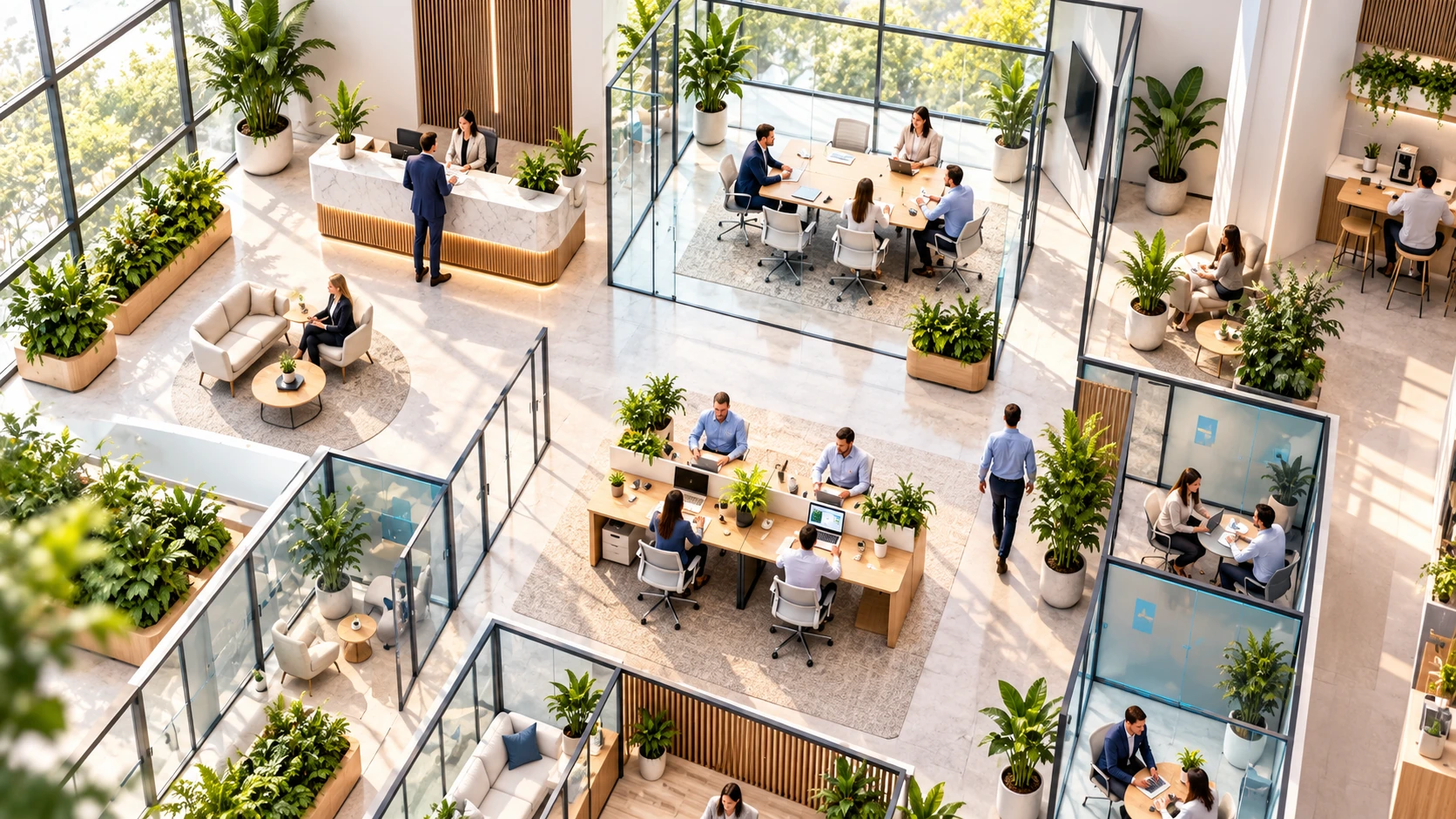 Bright contemporary office with shared workspaces